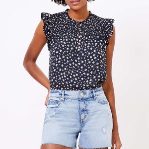 LOFT Floral Smocked Split Neck Shell